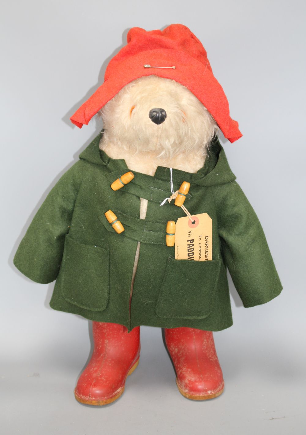 Paddington, original clothes, unusual green coat, Dunlop boots, 20in.